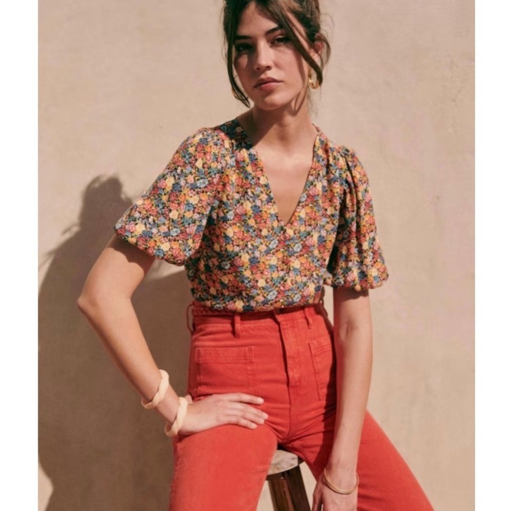 Sezane Paula Floral  V-Neck Puff Sleeve Blouse Multicolor Viscose Size 34
